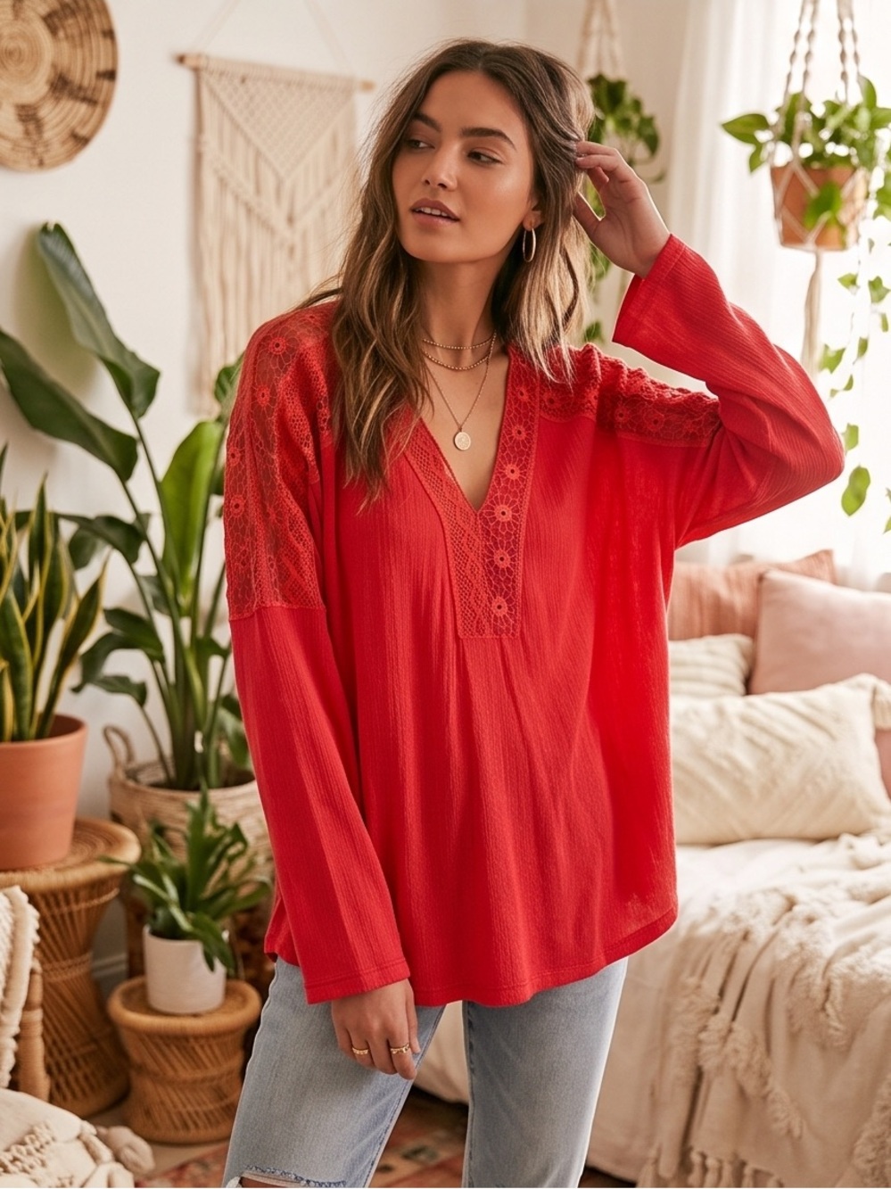 Free People Vibrant Red Lace-Trim V-Neck Tunic